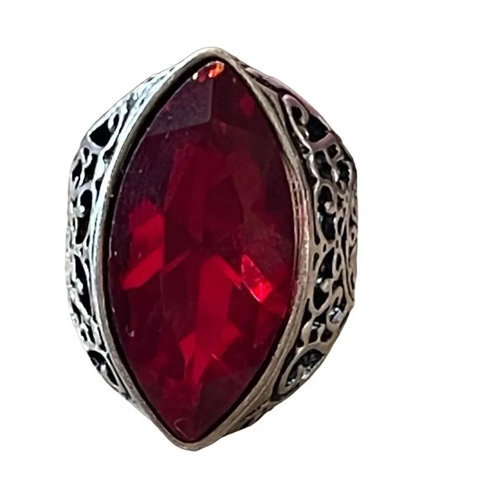 NWT silver tone red marquise scroll design US size 9